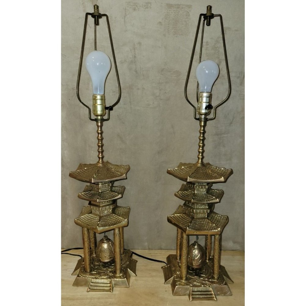 Vtg Set 2 Chinese Brass Pagoda Temple Table Lamp  Hanging Bell NO Shades 31" h